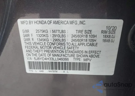 2020 Acura Mdx Standard z USA, uszkodzony, nr VIN 5J8YD4H33LL046066